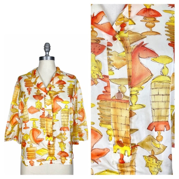 Vintage 1960s Chess Blouse // Orange Novelty Prin… - image 1