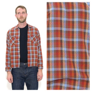 Vintage 1960s Plaid Cotton Shirt // Red and Blue Long Sleeve Mens Collared Button Down by Nofade Size Medium
