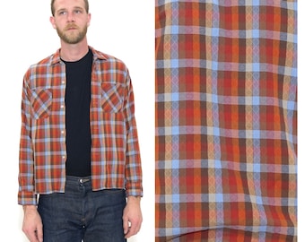 Vintage 1960s Plaid Cotton Shirt // Red and Blue Long Sleeve Mens Collared Button Down by Nofade Size Medium