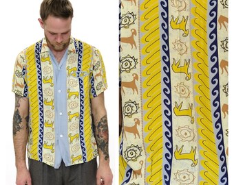 Vintage 50er Jahre Rayon Button Down // Herren Tropical Island Neuheit Print Kurzarm Lässiges Sommer Shirt von Kishora Größe Medium
