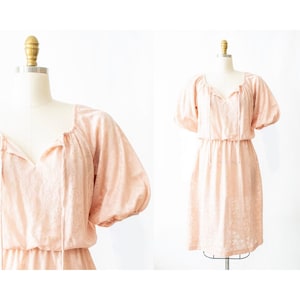 Vintage 1970s Peasant Dress // Pastel Pink Floral Tie Neck Puff Sleeve Day Dress by JC Penney