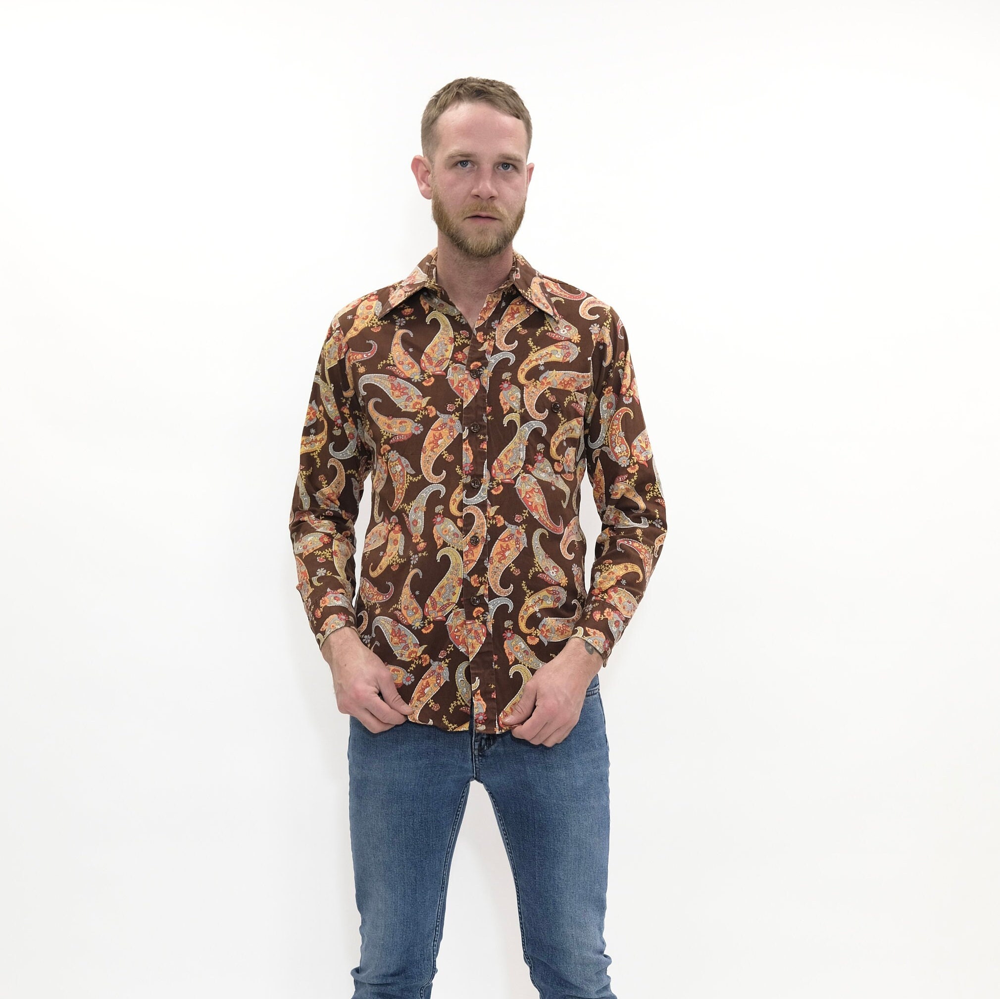 Vintage 60s/70s Brown Striped BARRY DISLEY De Luxe Long Sleeve Button Up Shirt - 15-1/2