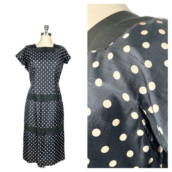Vintage 1950s Polka Dot Day Dress // Navy Silk Gr… - image 1