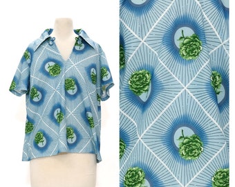 Vintage 1970er Jahre Blau Abstrakt Atomic Floral Top / / Grüne Blume Kurzarm Frauen Pullover Shirt