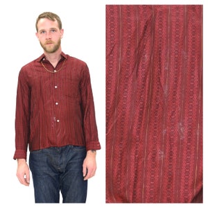 Vintage 1960s Mens Dress Shirt // Red Embellished Rayon Long Sleeve Button Down Holiday Shirt by Amberley Size Medium