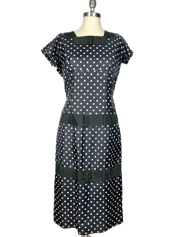 Vintage 1950s Polka Dot Day Dress // Navy Silk Gr… - image 2