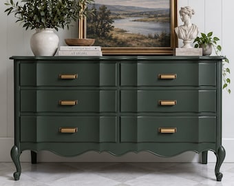 Impresionante cómoda verde oscuro / Tamaño mediano / Cajones con ensamblaje de cola de milano / Estilo provenzal francés