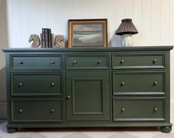 Dark Olive Green Wooden Dresser | 7 Drawers + Open Storage