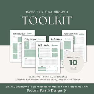 May include: A digital toolkit for spiritual growth, featuring templates for Bible study, prayer, and reflection. The design includes templates for Bible Profiles, Daily Prayer, Reflections, Bible Study, and Sermon Notes. The text reads "BASIC SPIRITUAL GROWTH TOOLKIT".