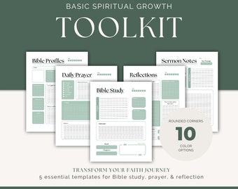 Basic Spiritual Growth Toolkit | 10 Color Options | Round Corner Sections | Bible Study, Sermon Notes, Reflections & Daily Prayer | Digital