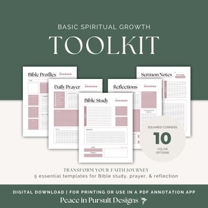 May include: A digital toolkit with templates for Bible study, prayer, and reflection. The design features a dark green background with the words "BASIC SPIRITUAL GROWTH TOOLKIT" in white. The templates include "Bible Profiles," "Daily Prayer," "Reflections," "Bible Study," and "Sermon Notes."