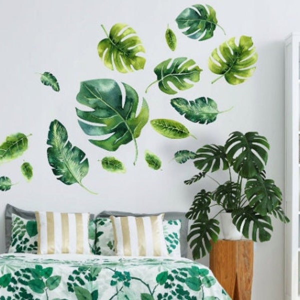 Calcomanía de pared de hojas de Monstera grande, pegatinas de pared de hojas de Monstera grandes para decoración del hogar, hojas tropicales