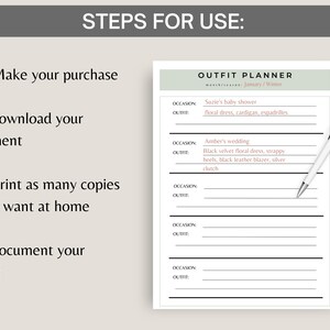 May include: An outfit planner with the title "Outfit Planner" and the text "January/Winter". The planner includes sections for occasions and outfits, with examples like "Suzie's baby shower" and "Amber's wedding". A pen rests on the planner.