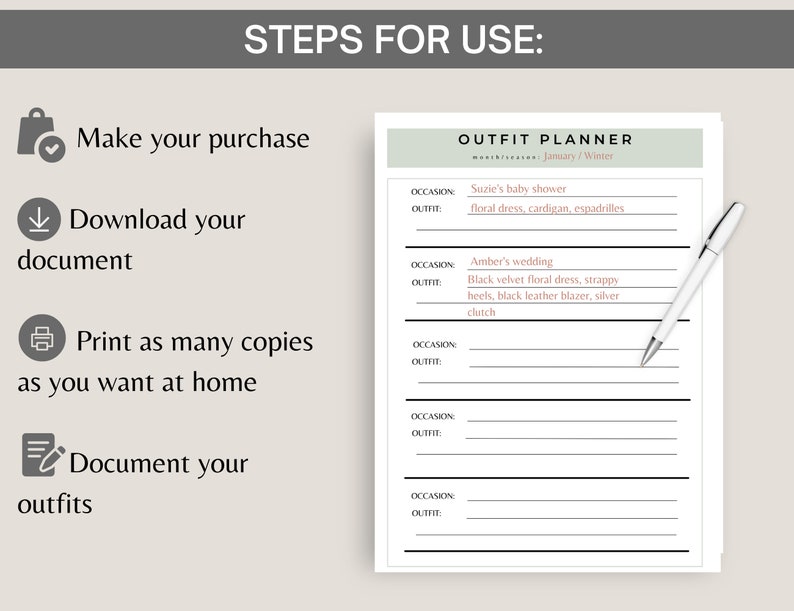 May include: An outfit planner with the title "Outfit Planner" and the text "January/Winter". The planner includes sections for occasions and outfits, with examples like "Suzie's baby shower" and "Amber's wedding". A pen rests on the planner.