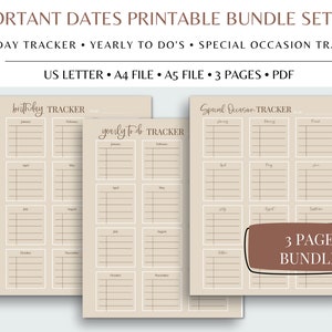 Important Dates Printable, Birthday Tracker List, Yearly Calendar Reminder, Birthday Log, To Do Lists, Special Occasion Tracker, Printable