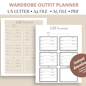 Afdrukbare garderobe planner, outfit planner, weekdag outfits, favoriete outfits, printables, planner pagina&#39;s, afdrukbare capsule wardrobe planner