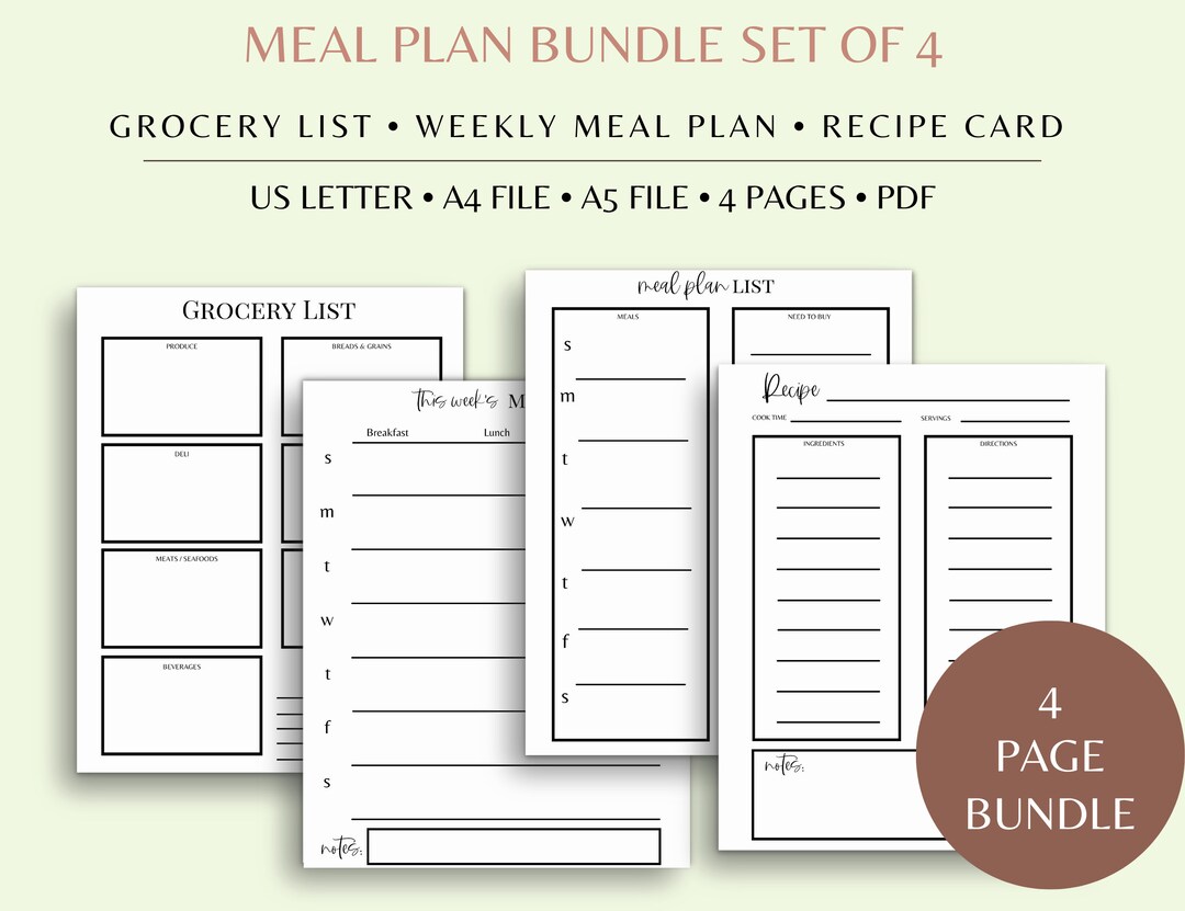 Weekly Meal Planner Bundle, Grocery List, Recipe Card (PDF) - Etsy