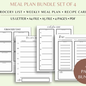 Meal Planner Printable, Grocery List, Meal Planner and Grocery List, Meal Tracker, Food Journal, Weekly Meal Planner, Food Prep, Recipe List