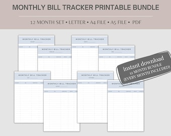 Monthly Bill Tracker Printable, 12 Month Set (Digital Download)