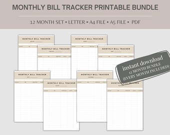 Monthly Bill Tracker Printable, 12-Month Set (Digital Download)