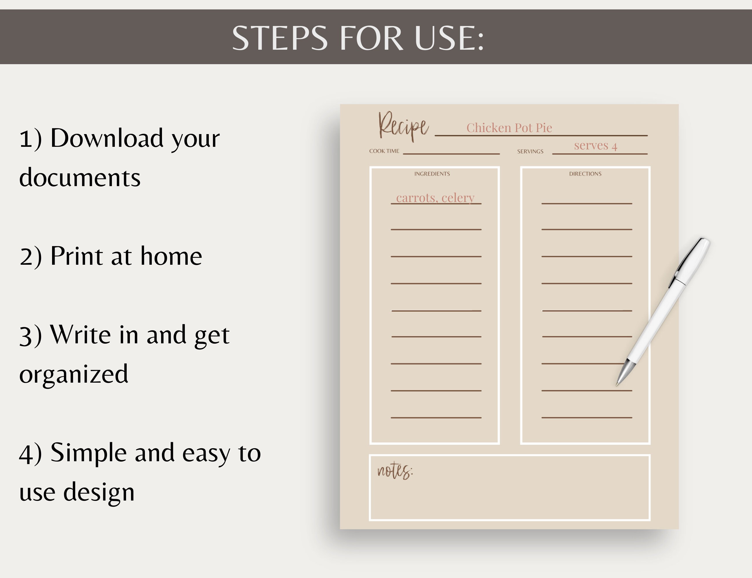 Printable Recipe Card Pages, Meal Planner, Tan Mint Blue Pink (PDF) - Etsy