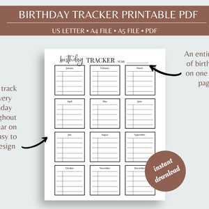 Birthday Tracker List, Birthday Log, Important Dates Printable, Yearly ...