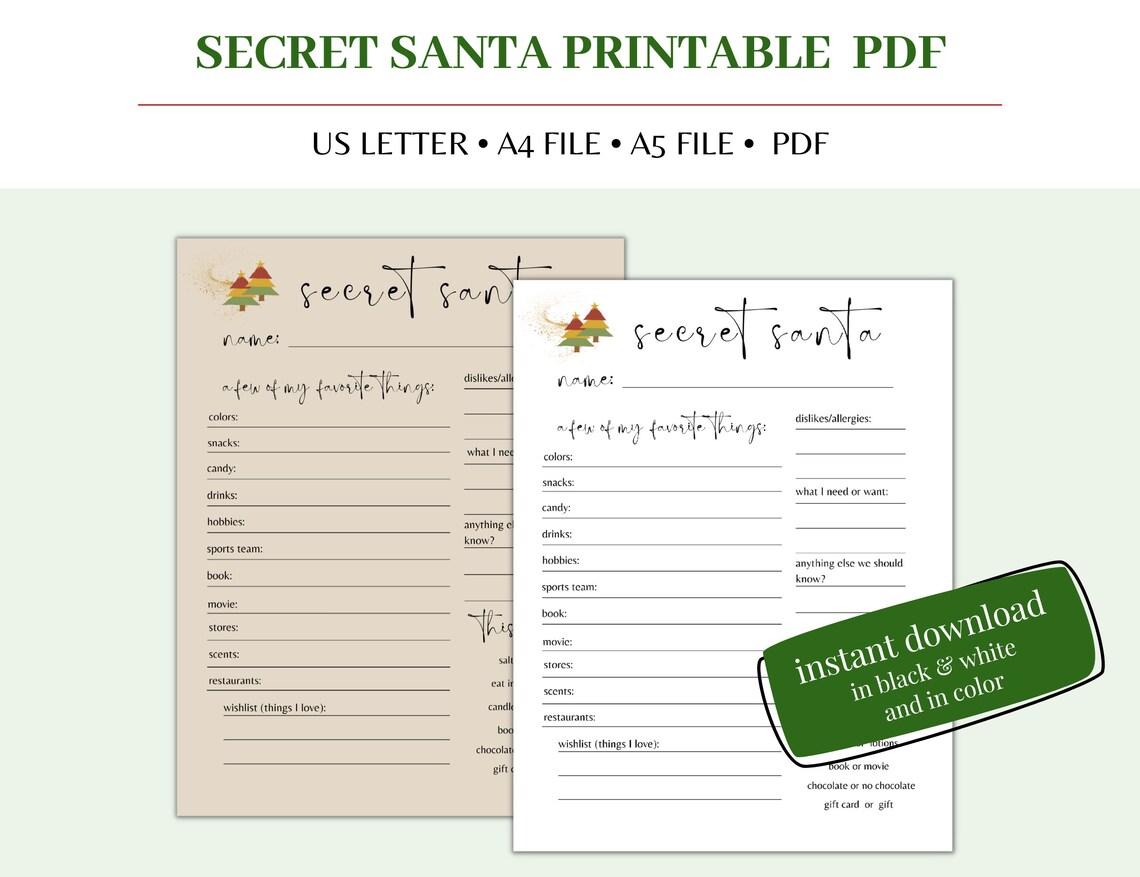 Secret Santa Questionnaire, Secret Santa, Printable Secret Santa ...