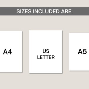 May include: Three white paper sheets labeled A4, US LETTER, and A5 are displayed against a light beige background. The text "SIZES INCLUDED ARE:" is at the top in a gray bar. The image is a visual guide to paper sizes.