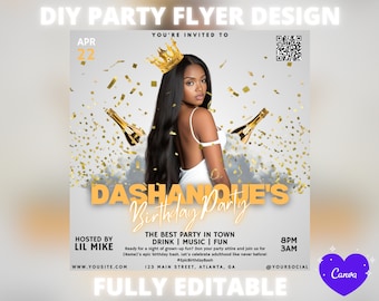 DIY Editable Birthday Party Flyer Template For Canva, DIY Event Flyer, Party Flyer, Digital Night Club Flyer, DJ Party Invite Social Media