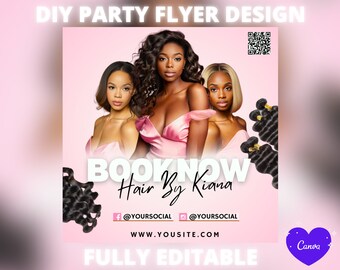DIY bewerkbare boek nu flyer sjabloon voor Canva, DIY Boutique flyer, haar flyer, pruik Business flyer, roze marketing flyer sociale media, pruik