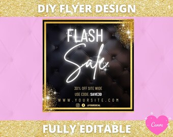 Könnte beinhalten: Ein goldener und schwarzer Flyer mit glitzerndem Hintergrund. Der Text lautet "FLASH Sale" mit einem Rabatt von 30% auf das gesamte Sortiment. Der Flyer enthält eine Website-Adresse und einen Social-Media-Handle.