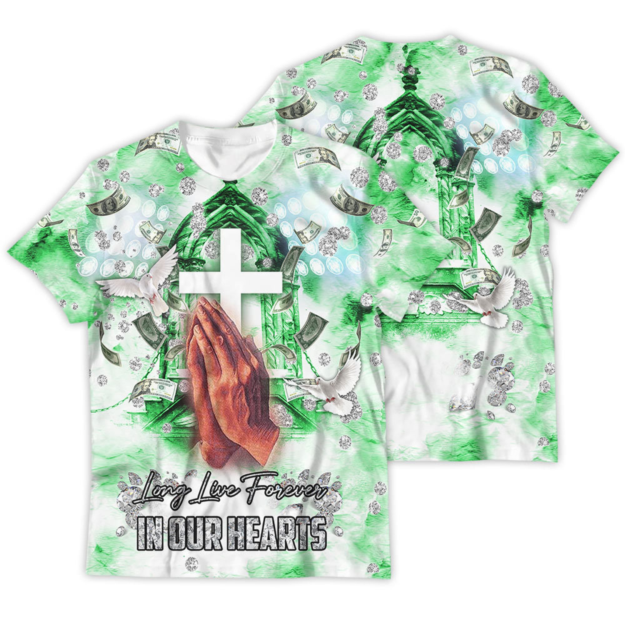 Custom Rip Memorial Shirt Heaven Angel Green Long Live Forever In Our Hearts Funeral Gift 3D T-shirt