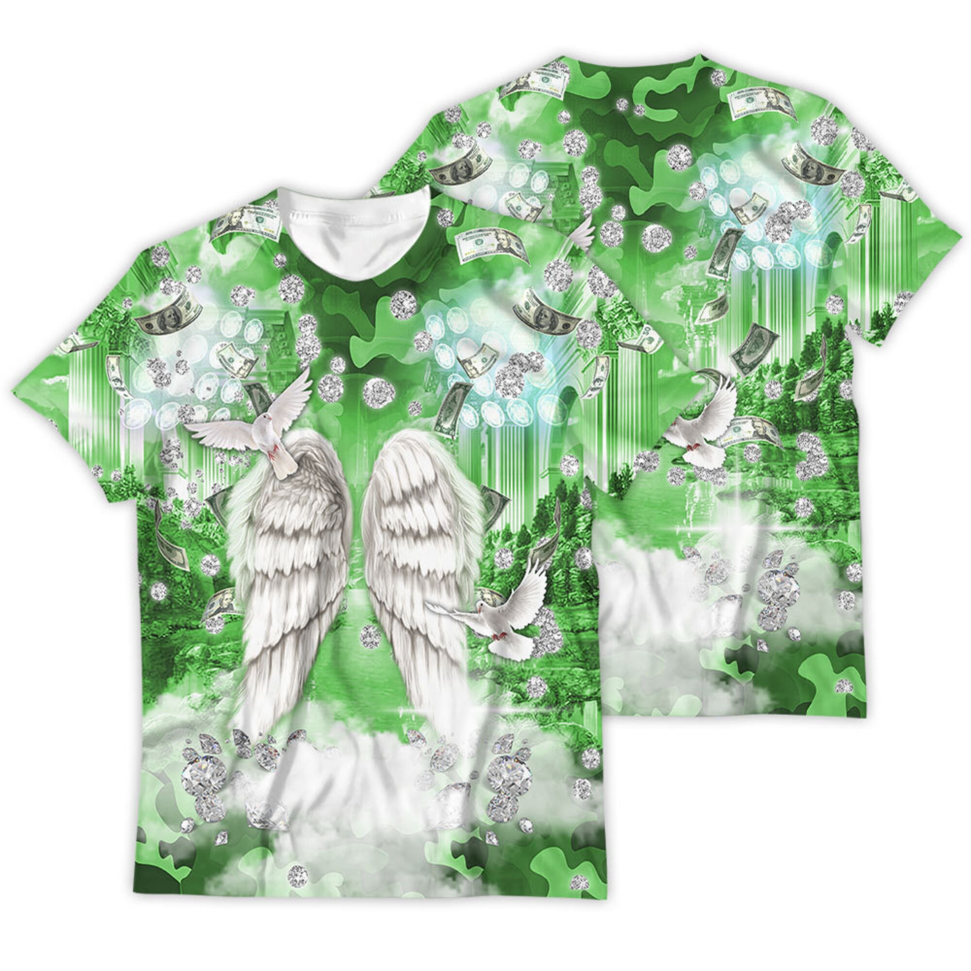 Custom Rip Memorial Shirt Heaven Camo Money Diamond Angel Green A Big Piece Of My Heart Lives In Heaven Funeral Gift 3D T-shirt