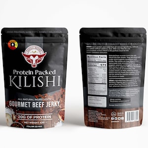 May include: A black resealable bag of protein-packed beef jerky called "Kilishi" with a red bull logo and the text "All Natural Ingredients Gourmet Beef Jerky 20g of Protein Net Weight 43g FDA/ML 22-015". The back of the bag has nutrition facts and ingredients listed.