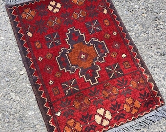 Small Handmade Afghan Rug 42x59 cm – Tribal Red Wool Carpet – Boho Home Decor – Handmade Afghan Rug  – Red Tribal Wool Carpet