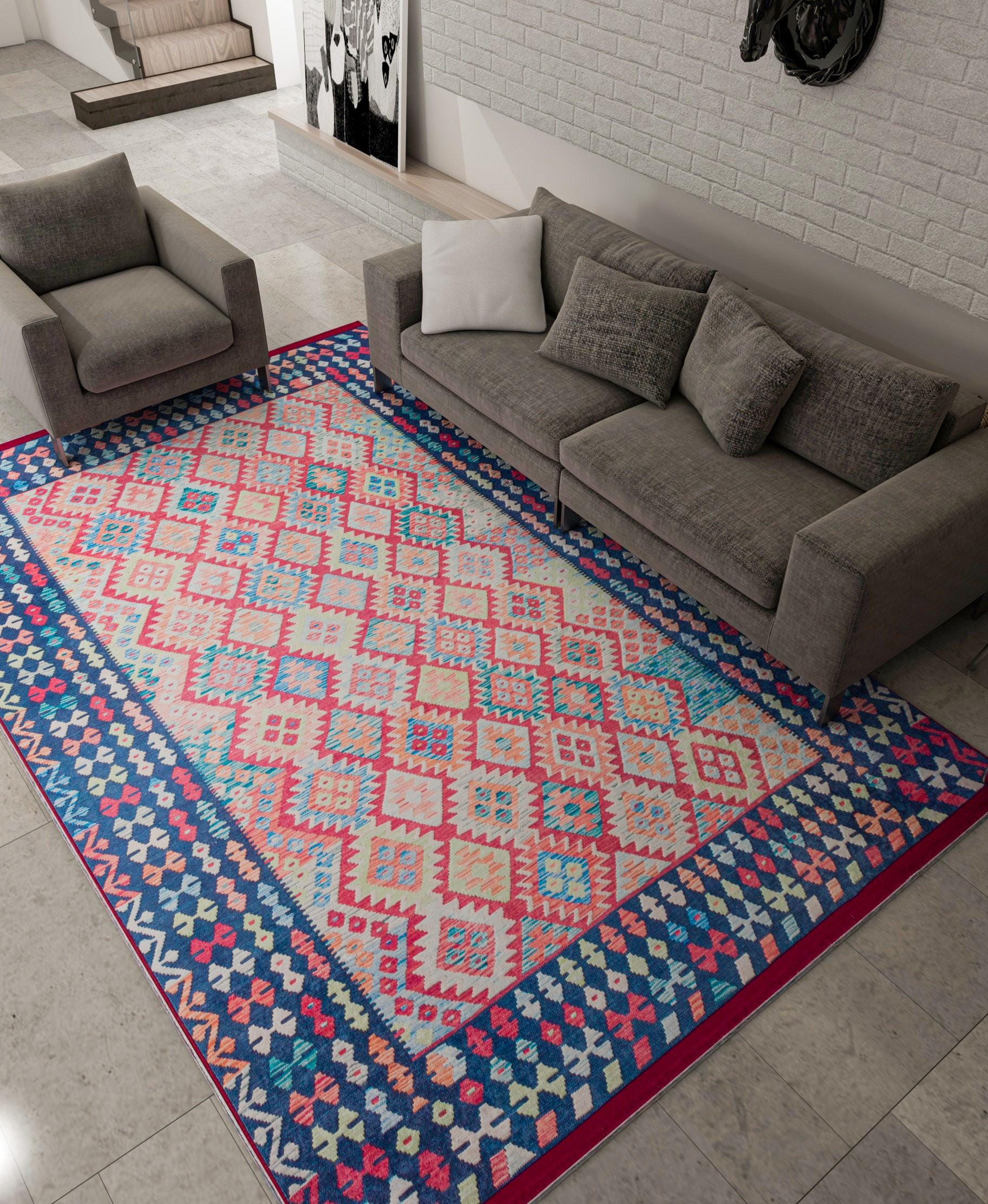 ヴィンテージキリムデザインラグ：洗えるブルーのアクセントラグ