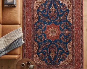 Alfombra oriental vintage roja: alfombra clásica lavable con borlas