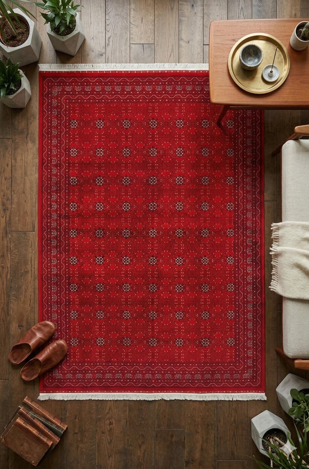 Traditional Red Bokhara Area Rug – Silk-feel Viscose Oriental Carpet - Etsy