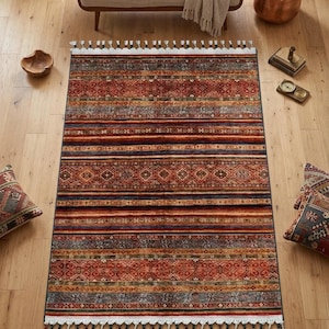 Red Vintage Rug: Classic Washable Rug with Tassels