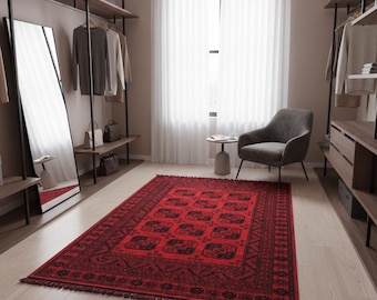 Red Oriental Afghan Rug: Washable Chenille Farmhouse Rug