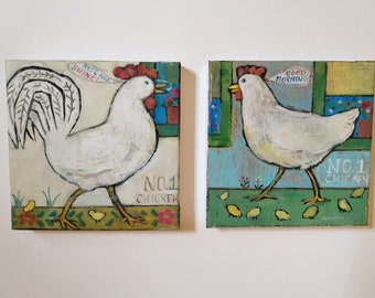 Original, hand painted, colorful folk style, naive style, pair of hen and rooster chicken paintings on stretched canvas.