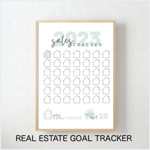 May include: A printable real estate goal tracker for 2023. The tracker features a grid of 50 house icons to mark sales. The goal is to close 20 units with a total sales amount of $2,000,000.