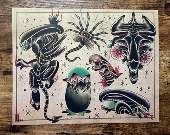 Alien Xenomorph Traditional Americana Tattoo Flash Sheet