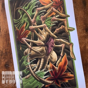 Alien Xenomorph Facehugger Inspired Japanese Traditional Tattoo style Art Print