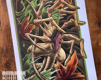 Alien Xenomorph Facehugger Inspired Japanese Traditional Tattoo style Art Print