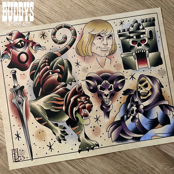 He Man Cartoon Inspired Vintage Style Traditional Tattoo Flash Sheet - Etsy