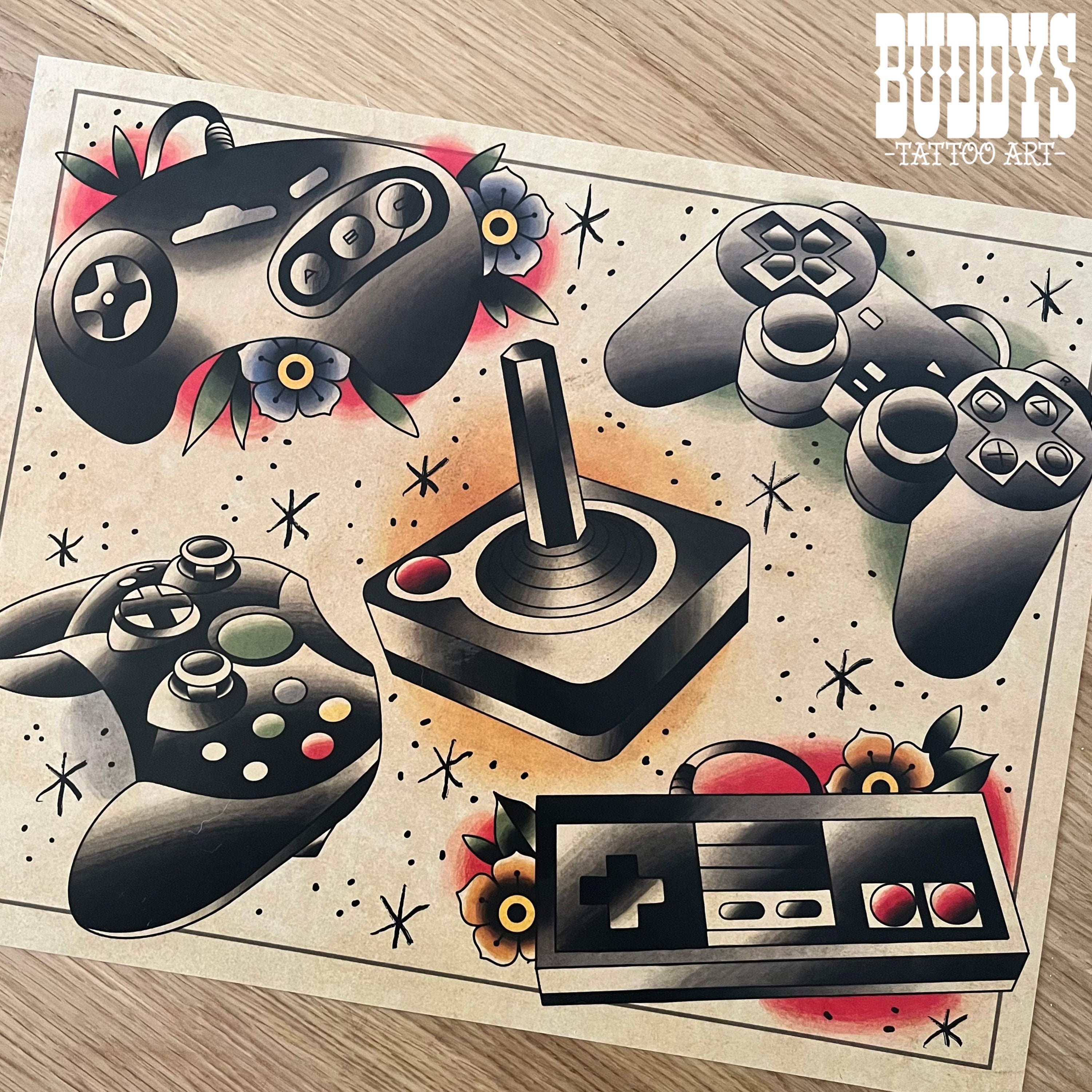 Video Game Controllers Traditional Americana Tattoo Flash Sheet