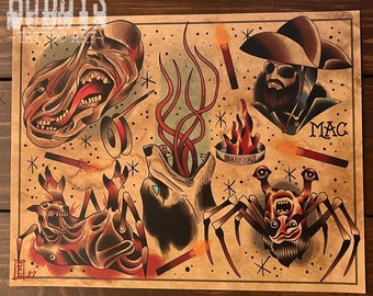 The Thing Movie Inspired Traditional Americana Horror Tattoo Flash Sheet