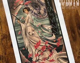 Star Wars Princess Leia Inspired Japanese Traditional Tattoo Style Art print