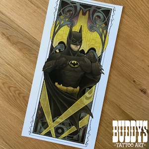 May include: A black and yellow illustration of Batman in a vintage art deco style. The image features Batman standing in a spotlight with a yellow background. The image is titled "Buddys Tattoo Art".